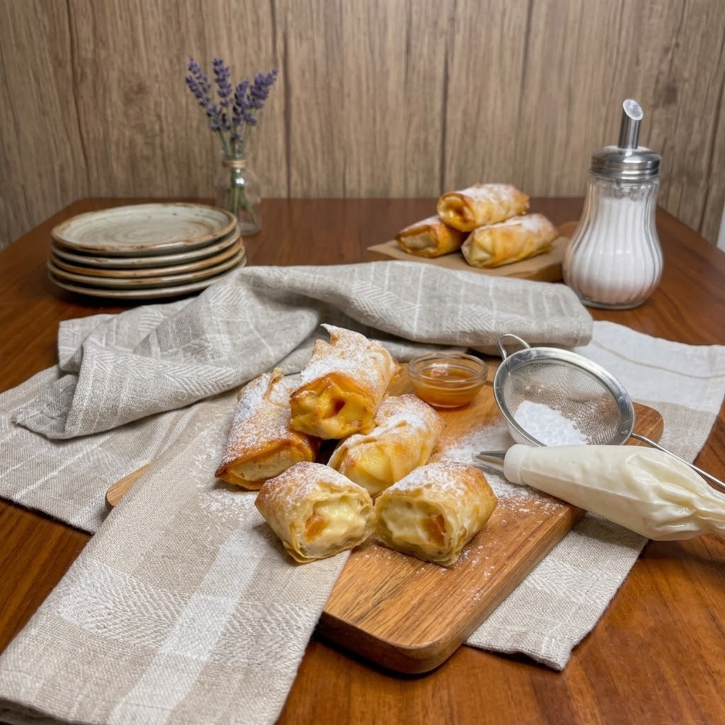 Recette de nems sucrés aux brugnons et crème vanille