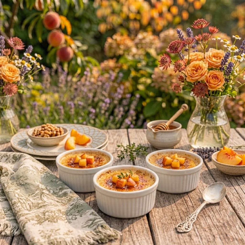 Recette Crème Brûlée à la Fleur d'Oranger, Pêches Rôties & Miel