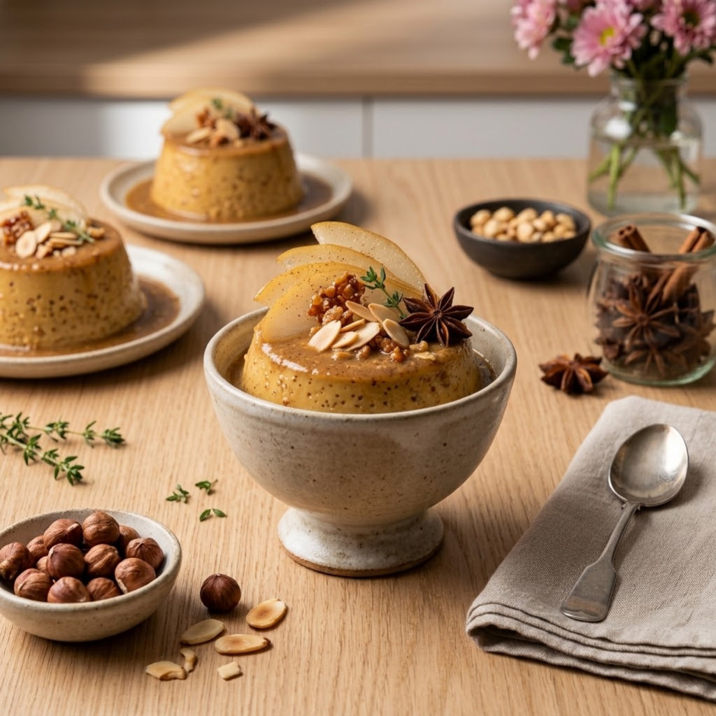 Recette Flans Pralinés d'Automne aux Poires Pochées & Épices Douces