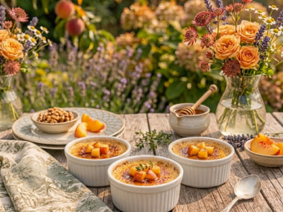 Recette Crème Brûlée à la Fleur d'Oranger, Pêches Rôties & Miel